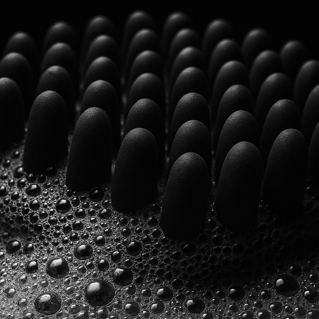 Close-up of black rubber bristles on a textured surface