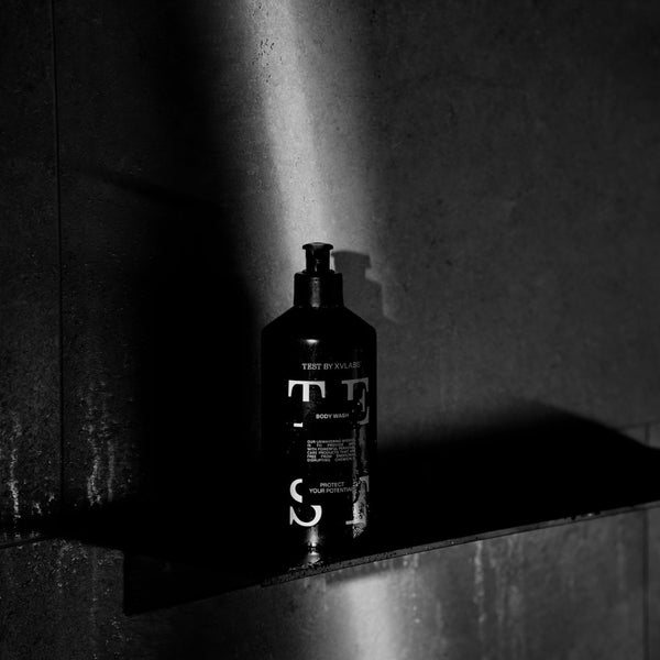 TEST BODY WASH on stand in shower